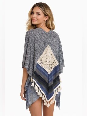 Hayden Los Angeles Crochet Fringe Cardigan Boho Kimono Coastal Tassel Poncho OS